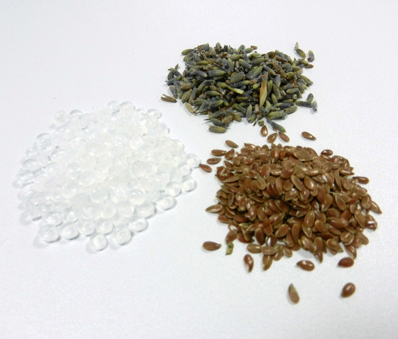 poly-plastic beads, lavender buds, flax seed