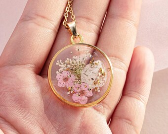 Real Birthflower Necklace, Pressed Birthflower Necklace, Dried Flower Coin Pendant Necklace, Floral Necklace, Handmade Jewelry,Birthday Gift