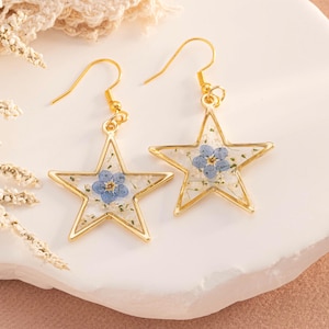 Forget Me Not Earrings, Handmade Gold Earrngs, Star Earrings, Dried Flower Jewelry, Birthday Gift for Women, Valentine Gift for Girlfriend