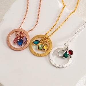 Collar con nombre personalizado y piedra de nacimiento, collar con piedra de nacimiento personalizada, collar con nombre circular grabado, regalo de cumpleaños para mamá, regalo familiar