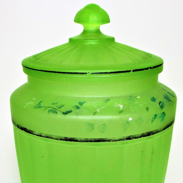 Beautiful Satin Glass Cookie Cracker Biscuit Jar Frosted Green Depression Rare Pillar Optic Green Hand Painted Floral  Ornate Finial Covered