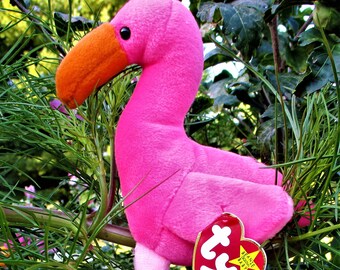 PINKY Flamingo Bird Ty Beanie Baby Retired 1995 Original Blue Plush Toy Animal Collectible Favorite Long Legs Pet Memory February Birthday