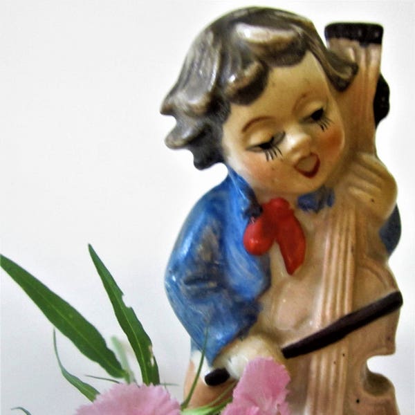 Little Boy Cello Porcelain Figurine Vintage Japan Garden Art Pottery Child Figure Music Instrument Home Decor Xmas Gift