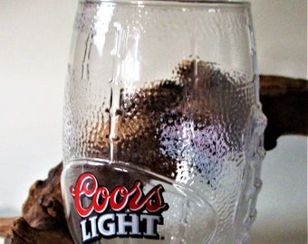Vintage Coors Light Logo Football Shaped Textured Beer Mug Glass Stein Motif Dimple Footed Goblet Thumb Print Rare Version