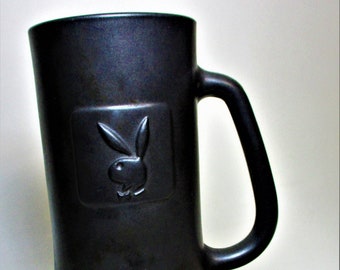 Vintage Playboy Bunny Beer Mug Stein Black Glass Satin Matte Raised Relief Rabbit Head Flared Heavy Bottom Gift Rare Version