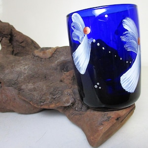 Vintage Libbey Retro Angel Themed Cobalt Blue Drinking Hand Painted Juice Glass Satin Cordial Highball Tumbler Heavy Bottomed Gift USA