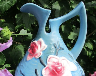 Vintage Roseville Ice Blue Pottery Pitcher Flower USA Antique Ewer Vase Pink White Magnolia Pattern Stoneware Ransbottom Ohio Art Home Gift