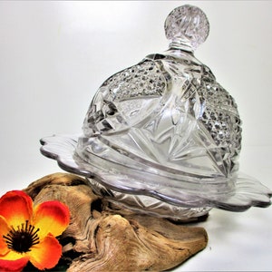 May include: A clear glass butter dish with a domed lid and a scalloped edge. The dish has a cut glass pattern and is sitting on a piece of driftwood.