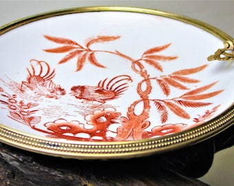 Vintage Porcelain Pink OREINTAL Hand Painted Ashtray Holder Gold Leaf Jewelry Tray Dish Bowl Pin Dresser Raised Beaded Enamel Floral Chicken