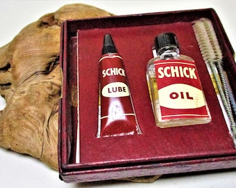 Vintage Schick Electric Razor Oil Lube Kit Original Display Box Injector Shaver Razor Cleaning Brush USA Mid Century Home Maintenance Gift