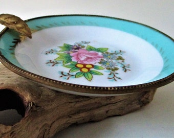 Vintage Porcelain Pink ROSE Hand Painted Ashtray Holder Gold Leaf Jewelry Tray Dish Bowl Pin Dresser Raised Beaded Enamel Floral Flower