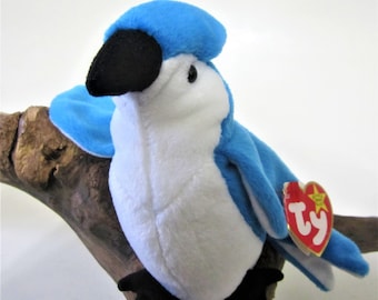 ROCKET Blue Jay Ty Beanie Baby Retired 1997 Original White Blue Bird Plush Toy Animal Collectible March 12 Birthday Heart Tag Child Gift USA
