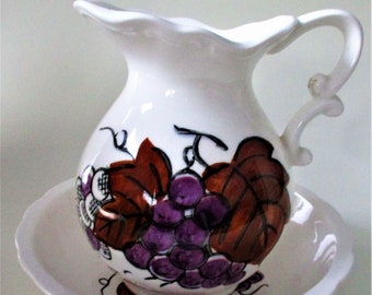 Wine Grape Vines Ceramic Pitcher White  Vintage Hand Painted Flower Japan Underplate 3D Raised Ornate Handle Center Piece Scalloped Rim Gift