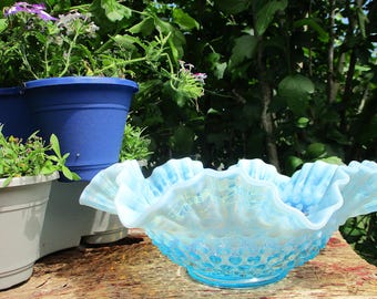 Fenton Colonial Cobalt Blue Opalescent Double Crimped Bowl Footed Pedestal Mid Century Rare Embossed Hobnail Scalloped Dish Centerpiece MCM