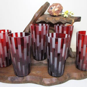 Vintage Cranberry Royal Ruby Red Depression Crystal Frosted Glass Rectangles Cordial Glass Cubist Brandy 6 Snifter Shooter Goblet Juice Shot