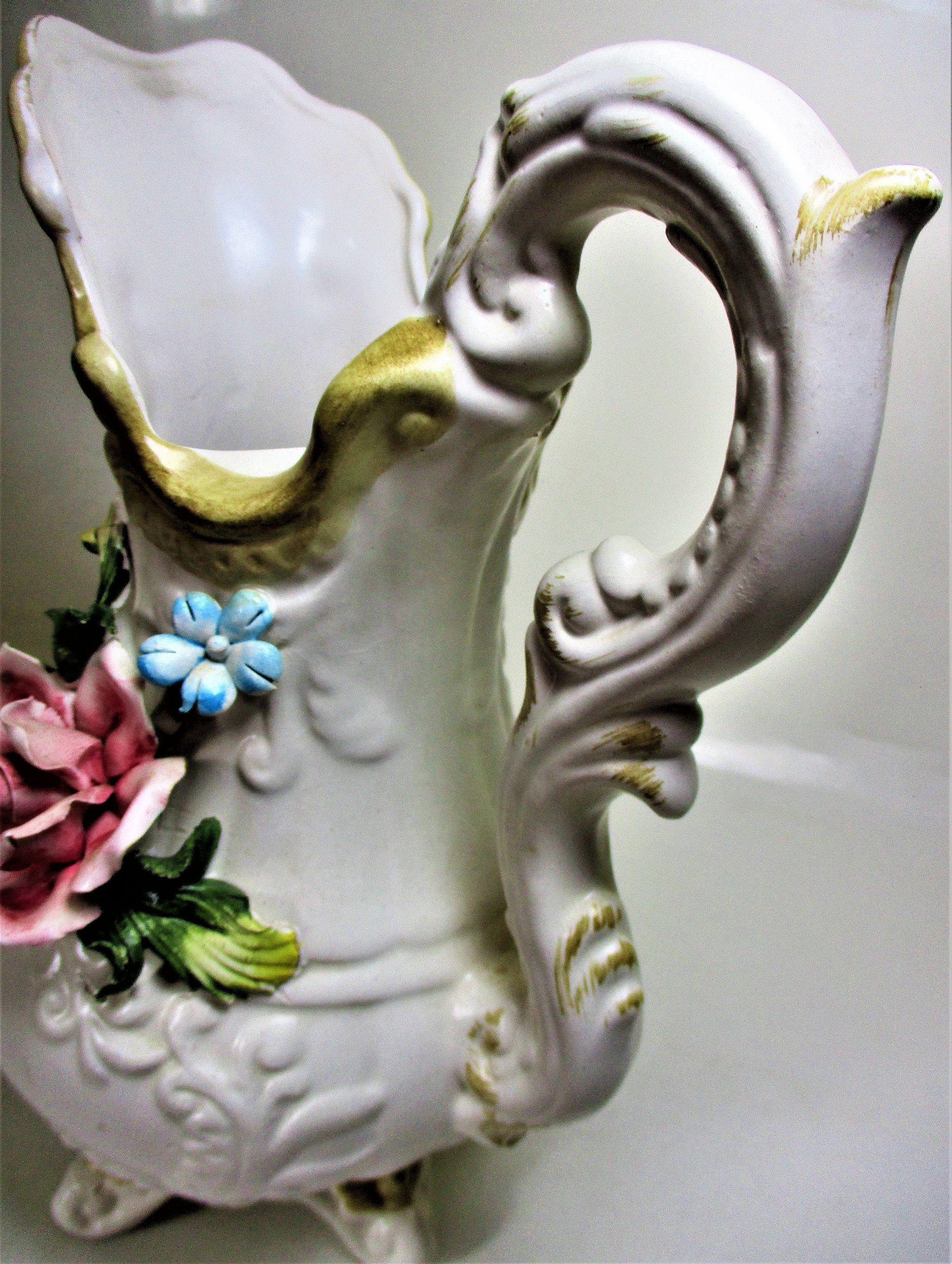 Vintage Exquisite Large Footed Rose Victorian Pitcher Water Pottery Gift Italy - Flower Table Etsy Capodimonte Porcelain Floral Nuova Pink Raised