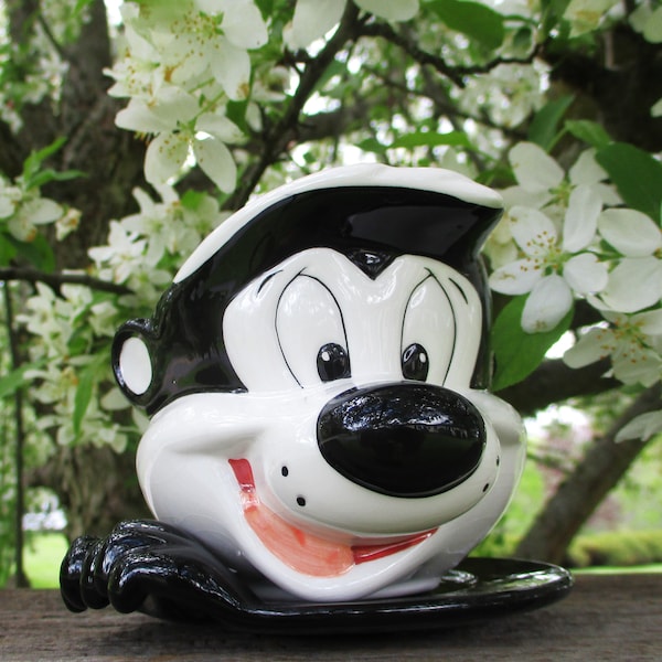 Glass Mug Disney Cup Saucer Pepe Le Pew Looney Tunes Black White Skunk Heavy Bottom Vintage Collectible Ceramic Gift Vibrant Color Rare