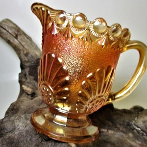 Vintage Westmoreland Depression Glass Shell & Jewel Creamer Pitcher Floral Quality Vintage Flower Marigold Iridescent Carnival Ornate Beaded
