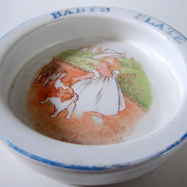 Antique Childs Baby Bunting Bowl Plate Stoneware Nursery Rhyme Collectible Dish Newborn Gift