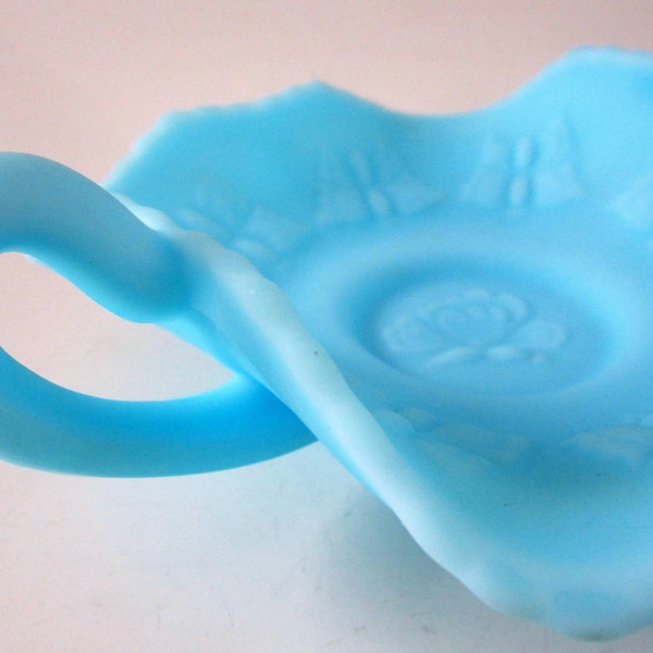 Fenton butterfly dish bowl satin Ice Blue frosted glass candy bon bon vintage Rare 2 handle scalloped crimped rim