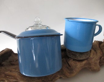 Enamelware Graniteware Sauce Pan Pot Glass Unique Knob Cover Coffee Tea Mug Cup Vintage Blue Trim Camp Accessory Original Gift Display Prop