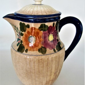 Antique Kawa Japan Lidded Pitcher Coffee Tea Pot Stoneware Ceramic Pottery Vintage Hand Painted Floral Art Design Ribbed Cobalt Blue