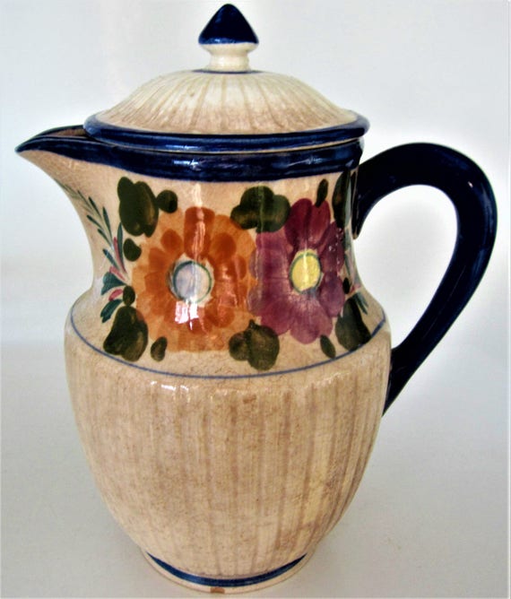 Antique Kawa Japan Lidded Pitcher Coffee Tea Pot Stoneware Ceramic