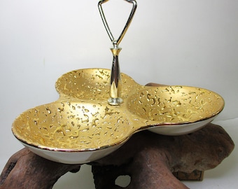 Gold 3 Part Relish Candy Leaf Dish Hand Decorated Footed MCM Rare 22 Kt Collectible Retro Home Bar Collectible Weeping Bright