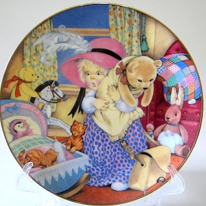 Collector Plate Gold Trim DRESS UP 1986 Porcelain Art Collectible Artist Carol Lawson Franklin Mint Limited Edition Teddy Bear image 1