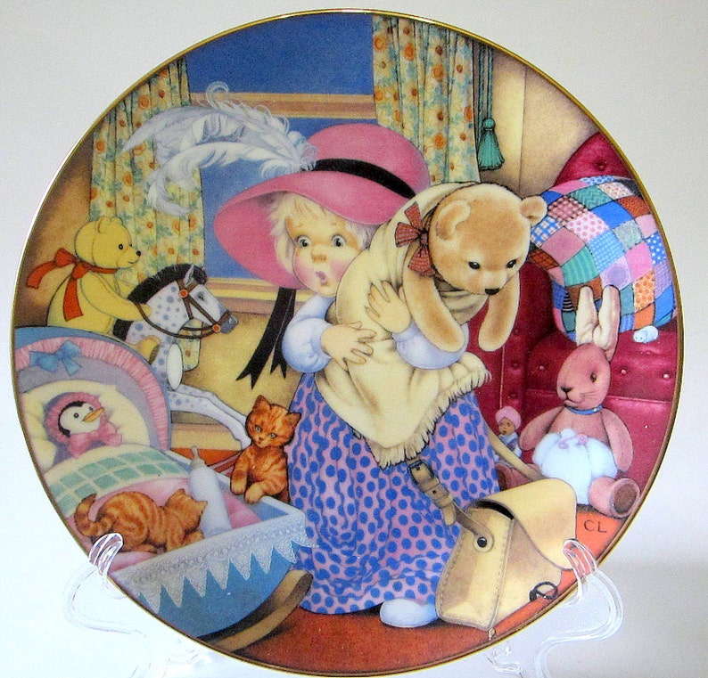 Collector Plate Gold Trim DRESS UP 1986 Porcelain Art Collectible Artist Carol Lawson Franklin Mint Limited Edition Teddy Bear image 1