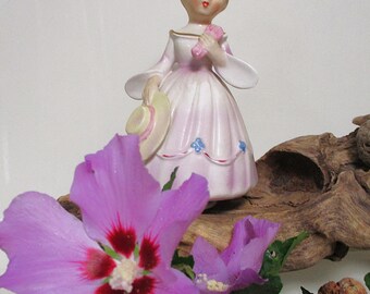 Music Box Schmid Japan Girl Pink Dress Happy Birthday Song Collectible Vintage Porcelain Hand Painted Figurine Wedding Cake Topper 1960s