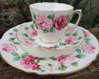 Vintage Crown Staffordshire Fine Bone China Tea Cup Saucer Salad Dessert Plate Pink Roses Flower Floral England Transfer 3 Set Replacement