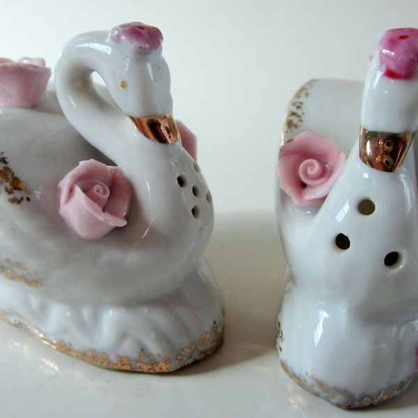 Vintage Swan Bone China salt pepper shaker Flower Gold Thames Japan Pink White Floral Porcelain Gift