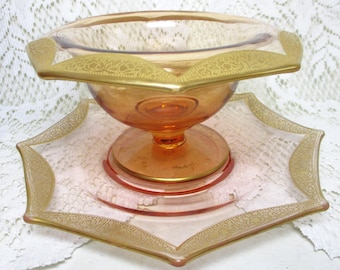 Gold Ring Rim Tiffin Pink Amber Depression Floral Rose Etched Cut Glass Compote Dish Under Plate Vintage Pedestal Footed Candy Round Bowl