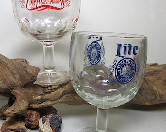 Vintage Beer Mug Miller High Life Light 16 oz. Glass Stein Red Blue Motif Pedestal Dimple Footed Goblet Thumb Print Rare Gift Bar Ware