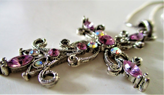 Large Pink Ruby Clear Rhinestone Cross Silver Ton… - image 4