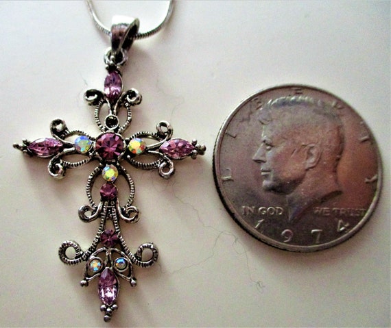Large Pink Ruby Clear Rhinestone Cross Silver Ton… - image 9