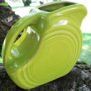 Vintage FIESTAWARE FIESTA Mini Disc Pitcher Chartreuse Green Harlequin Pattern Deco Homer Laughlin Rings Lines Pedestal Retired Rare Gift