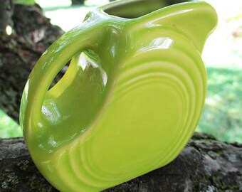 Vintage FIESTAWARE FIESTA Mini Disc Pitcher Chartreuse Green Harlequin Pattern Deco Homer Laughlin Rings Lines Pedestal Retired Rare Gift