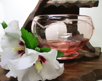 Vintage Pink Depression Etched Glass Berry Nut Rose Bowl Dish Soup Rosaline Footed Panel Ribbed Deco Like Drape V Flower Planter Display MCM