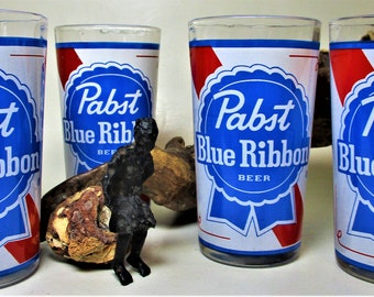 Vintage Pabst Beer Tumbler Mug Red White Blue Ribbon Label 12 oz. Glass Stein Gift Motif Pedestal Goblet Rare Version Gift Barware