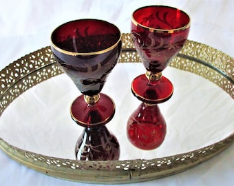 Vintage Red Ruby Footed Tumbler Martini Glasses Gold Trim Floral Vines Cut Etched Paisley Wine Liquor Cordials Juice Ball Stem Mid Century