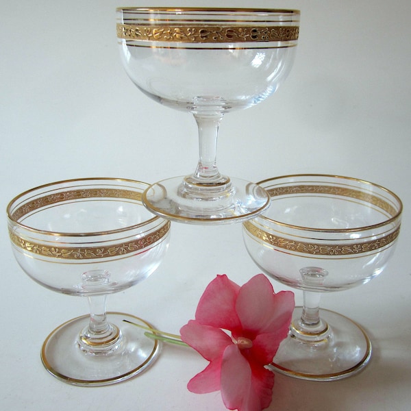 TIFFIN Gold Band Sherbet Champagne Etched Crystal Depression Glass Elegant Floral Cordial Rare Low Dessert Cup Gift