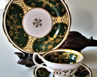 Antique Teacup Saucer Bread Butter Plate 3 Piece Setting Green GOLD Flowers Vines Coffee Cup Grosvenor England Rare Pattern