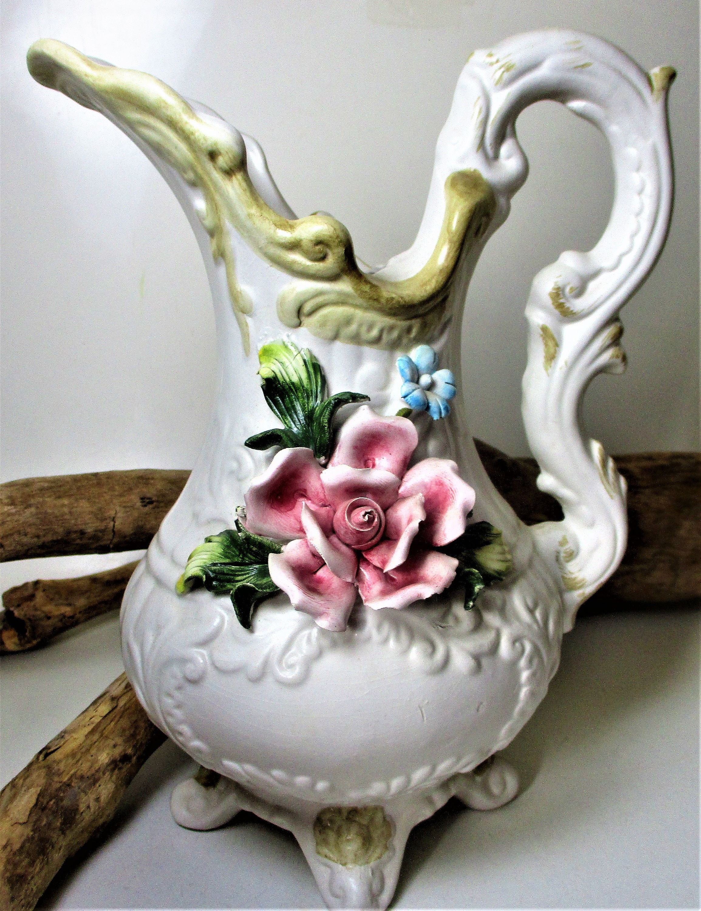 Table Etsy Water Pottery Vintage Italy Nuova - Raised Capodimonte Victorian Large Flower Exquisite Pitcher Porcelain Rose Gift Pink Floral Footed