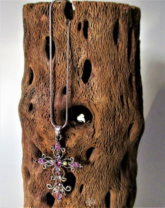 Large Pink Ruby Clear Rhinestone Cross Silver Ton… - image 1