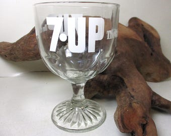 Vintage Beer Soda Mug 7 UP The Uncola Glass Stein Chalice White Motif LettersPedestal Dimple Footed Goblet Thumb Print Rare Version Letters