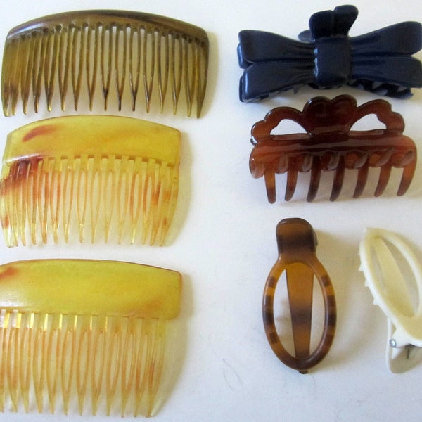 Vintage Hair Barrette Lot Ponytail Bow Clip France Gift USA Plastic Celluloid Heart Comb Faux Tortoise Shell Butterscotch Rare Depose Tilco