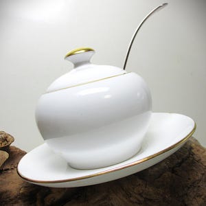 May include: A white porcelain sugar bowl with a lid and a small spoon, resting on a matching saucer. The bowl and saucer have gold trim. The spoon is silver. The sugar bowl is round and the saucer is oval.
