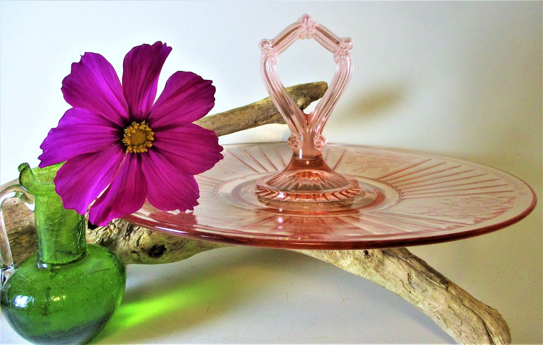 Pink Depression Glass Ornate Handle Relish Celery Tray Floral